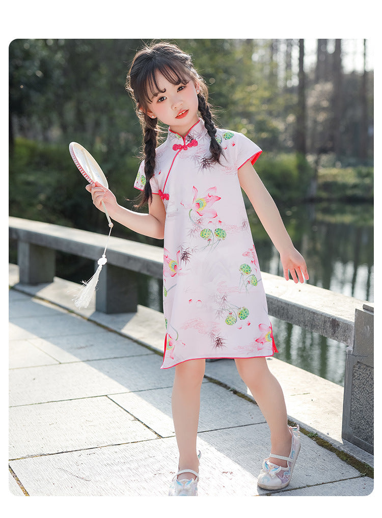 Pink Linen Girls Cheongsam